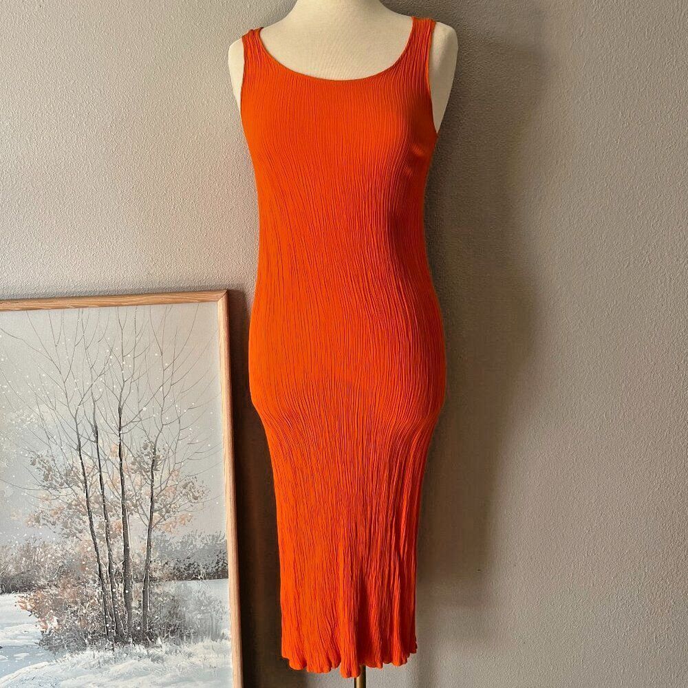 Vtg 90s y2k hi liter orange‎ slip midi dress Accordion crinkle fitted tank rayon